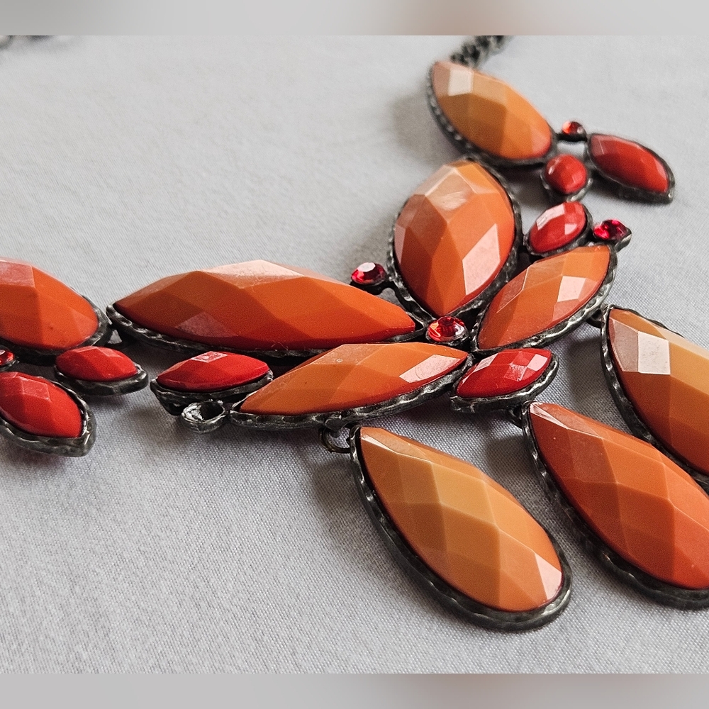 Statement Necklace Orange Red Rhinestone
